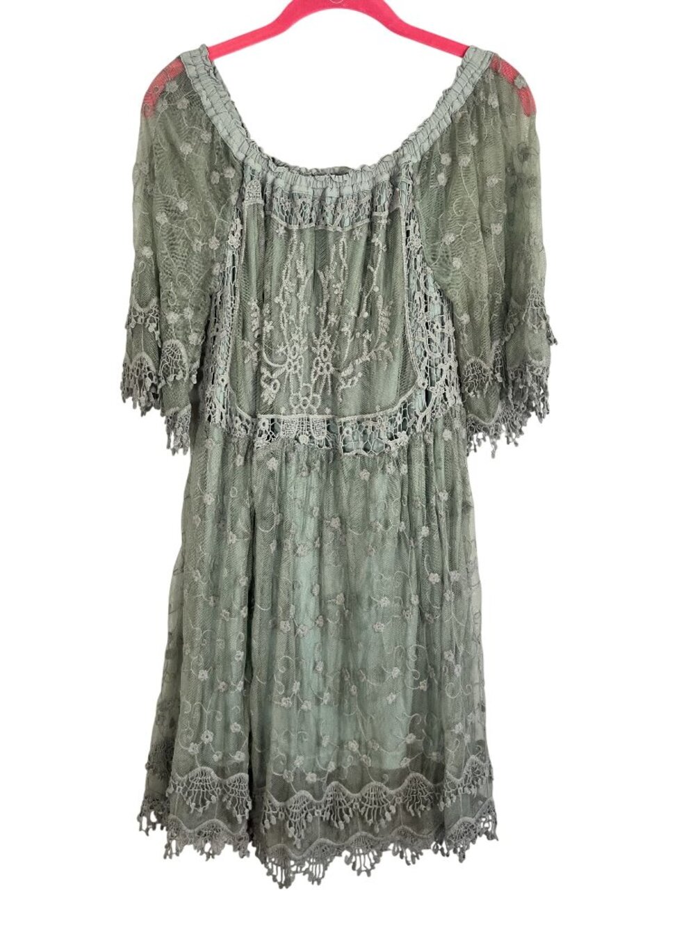 Colorful Floral Lace Mesh Mini Dress Green M Boho Indie Folk Peasant Preppy Chic